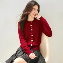 红色新年战袍2025春秋新款女装本命年洋气毛衣小个子羊毛针织开衫