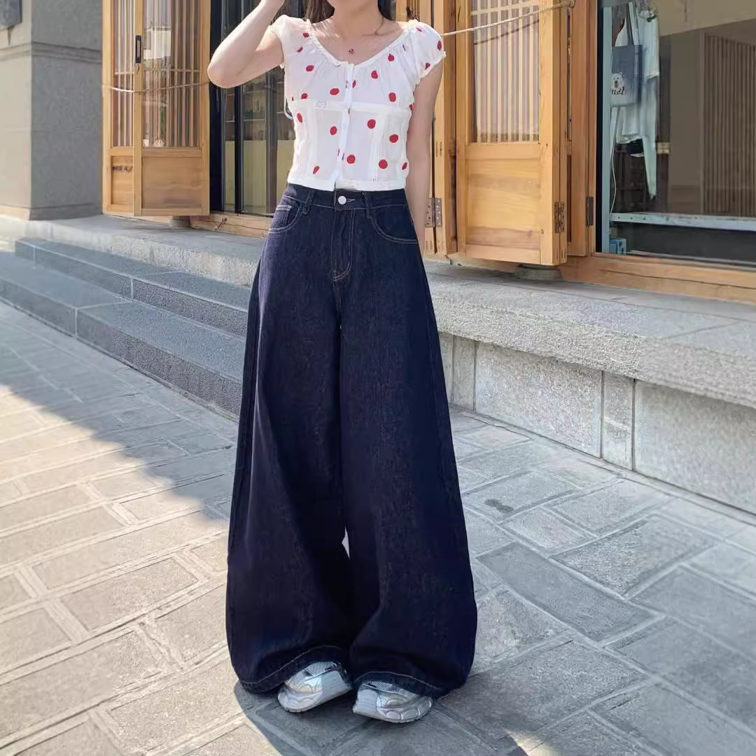 深藍色高腰闊腿牛仔褲女2025春秋新款復古寬鬆顯瘦垂感直筒拖地褲