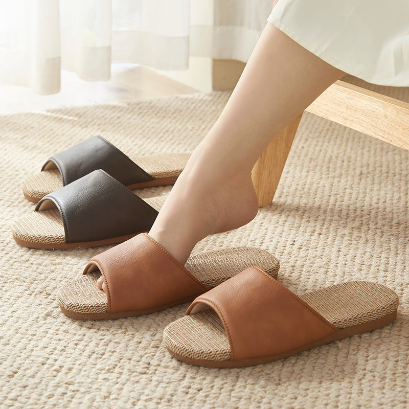 Office Four Seasons Outer Wear Men's Beef Slab Indoor Home Use pu Leather Non-slip High-end Linen Slippers for Women Summer