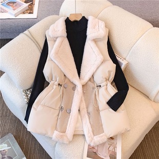 2025 New Plus Size Women's Winter New Double-Breasted Fur Collar Waist Fur All-In-One Cotton Vest Women's Vest Jacket