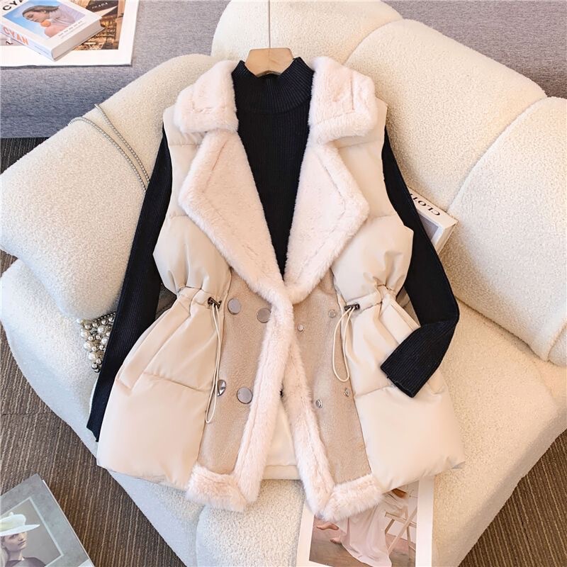 2026 New Plus-Size Women's Winter Double-Breasted Fur Collar Waist-Cinching Leather and Fur Integrated Cotton Vest Jacket for Women