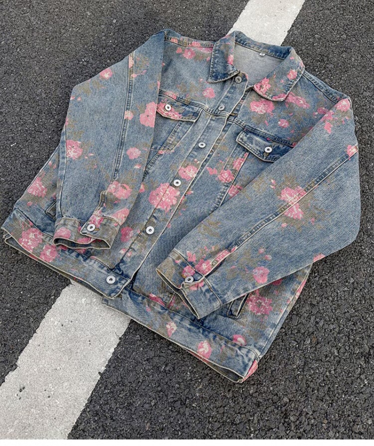 Men's Clothing Unisex Floral Print Denim Jacket Spring Autumn Trendy Designer Collared Workwear Jacket American High Street Style_mkmklike.com
