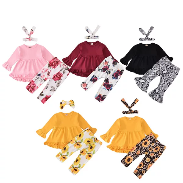 2026 Girls' Autumn Children's Flared Sleeve Ruffle Top + Floral Leopard Print Pants Set Ins European and American Style