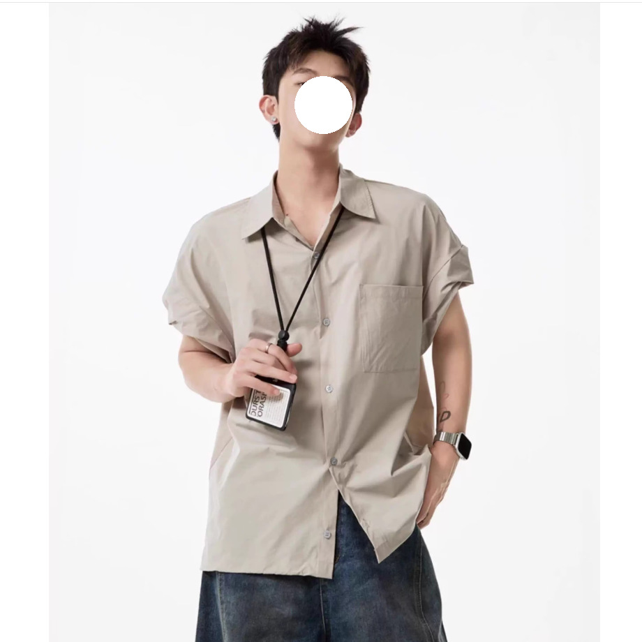 Khaki Tooling Shirt Short-sleeved Men's Summer American Simple Loose Lapel Shirt Drawstring Design Couple Inch Clothes Tide_viptrois.com