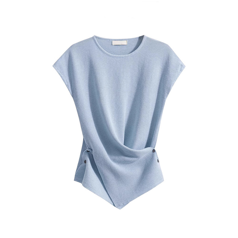 Designed Korean Round Neck Short-Sleeved Top Slim Fit Short Waisted Right Shoulder T-Shirt Ice Silk Knitwear Women's Summer Thin Style Designed Korean Round Neck Short-Sleeved Top Slim Fit Short Waisted Right Shoulder T-Shirt Ice Silk Knitwear Women's Summer Thin Style