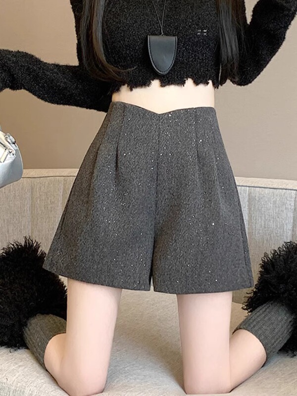 Outer Boots High Waist Casual Pants Sequin Woolen New Autumn and Winter Loose Wide Leg Pants Shorts Women's 2024