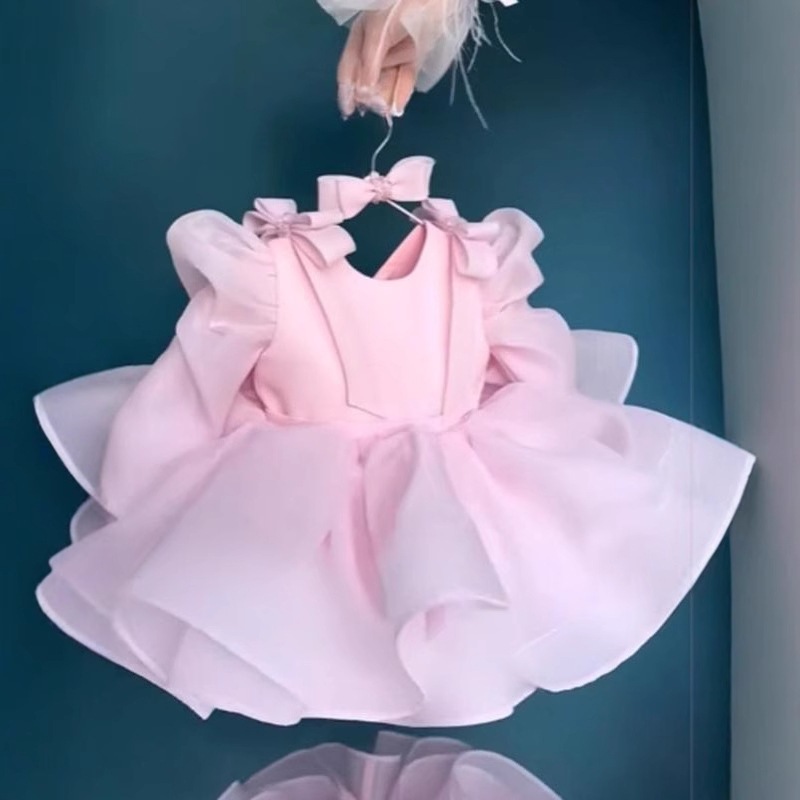 Children's Pink Princess Style First Birthday Dress With Bow Design Flower Girl Dress For Baby Girls 0-3 Years Polyester【Pre-sale | Ships In 15 Days】_voghion.com