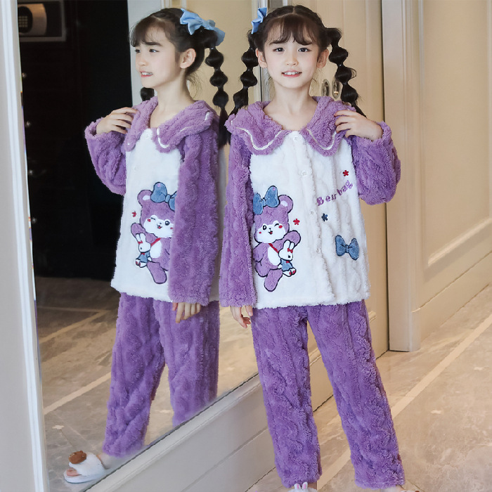Pijamas para niños niñas de invierno y otoño de franela caliente y grueso de terciopelo de dibujos animados para niños coral terciopelo de coral ropa para el hogar