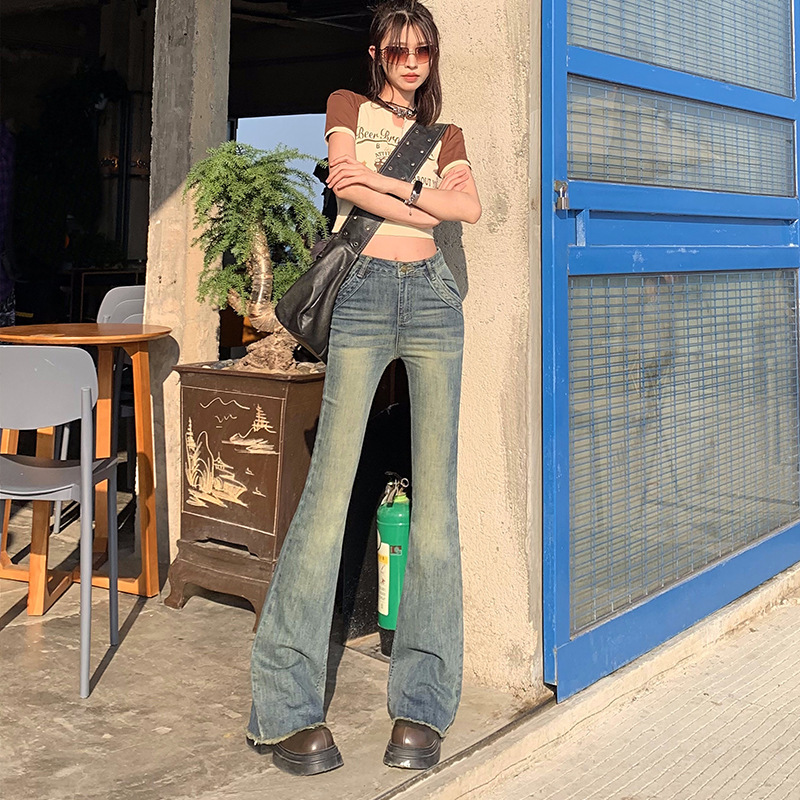 Summer Y2KYear 2000 High Waist Slim Retro Atmosphere Horn Jeans Rake Edge Royal Sister Trendy Pants