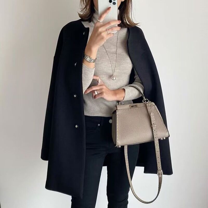 2024 Autumn and Winter Commuting Cardigan Slim Round Neck Woolen Coat Wool Coat Cocoon-Shaped Breasted Warm Top