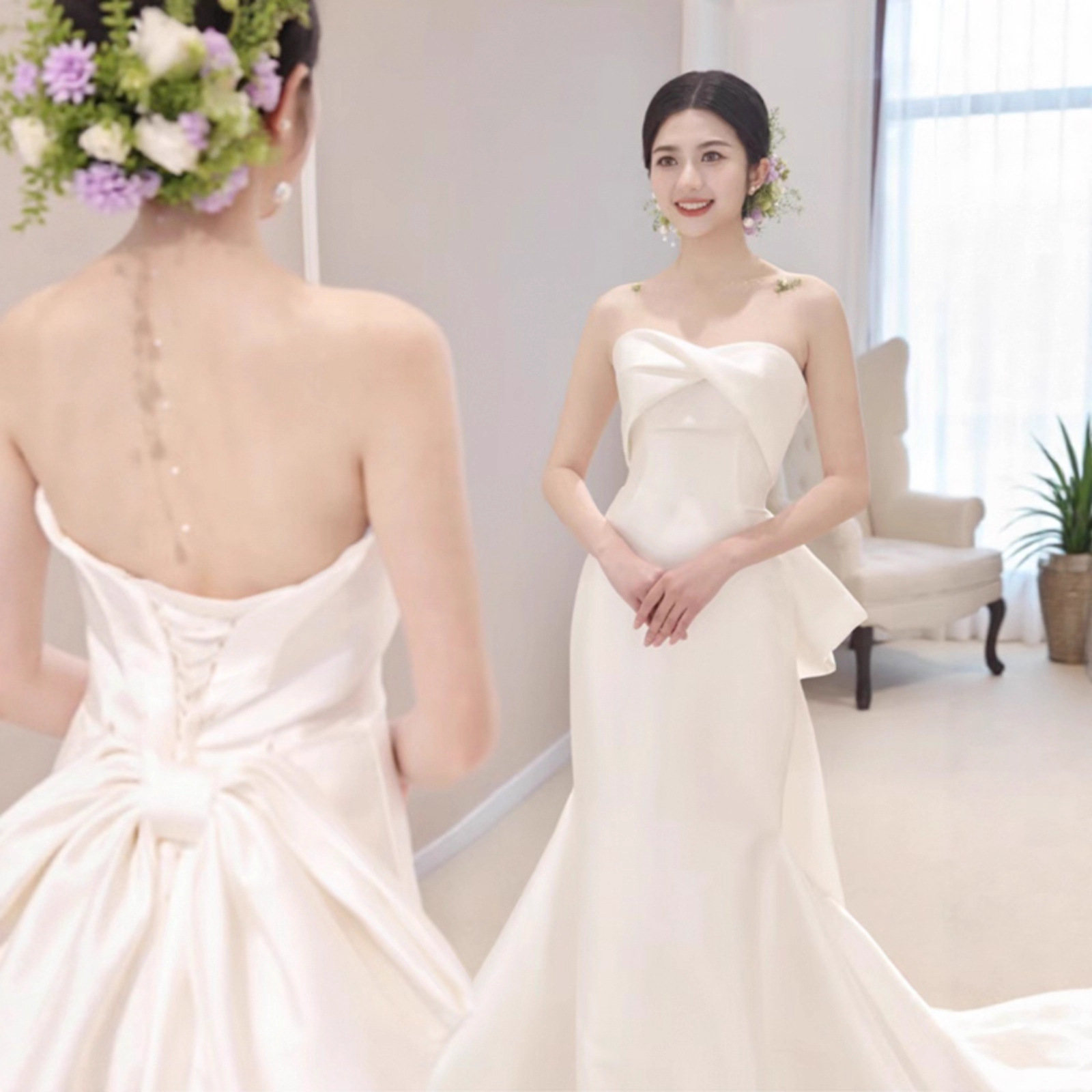 French Satin Strapless Mermaid Light Wedding Dress Bridal Welcome Gown Wedding Toast Dress New Engagement Dress Gown