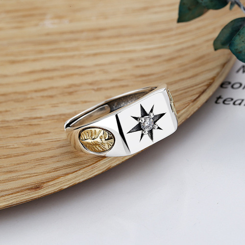Yunchaoxuan S925 sterling silver retro fashion handsome cross wide eight-pointed star sun ray open ring