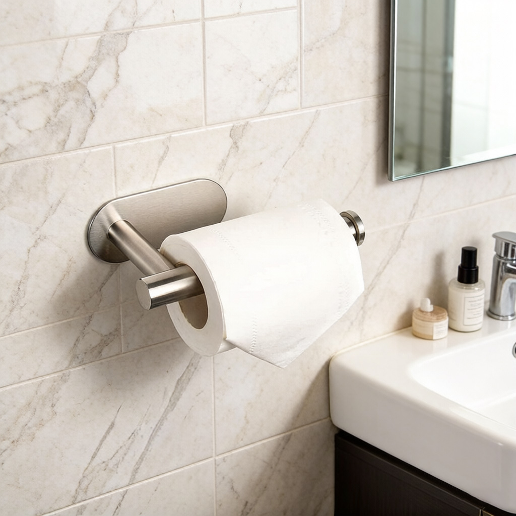 Household cross-border stainless steel paper roll holder, wall-mounted dual-use, no-drill required, for bathroom and kitchen tissue storage