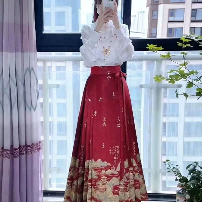 Золотая пейзажная юбка с конским лицом красный костюм