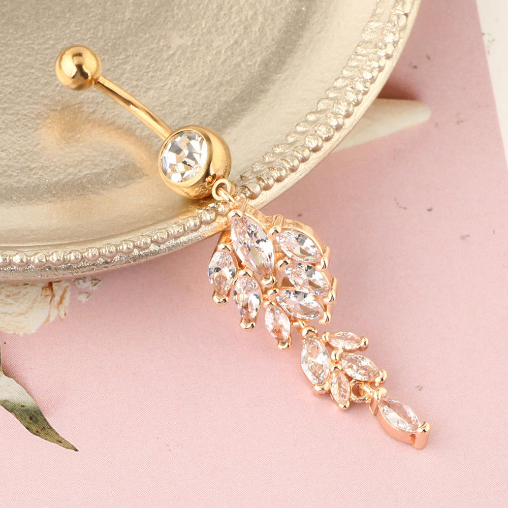 Rose Gold Diamond Leaf Navel Ring Belly Button Piercing Jewelry Stainless Steel detail image 4