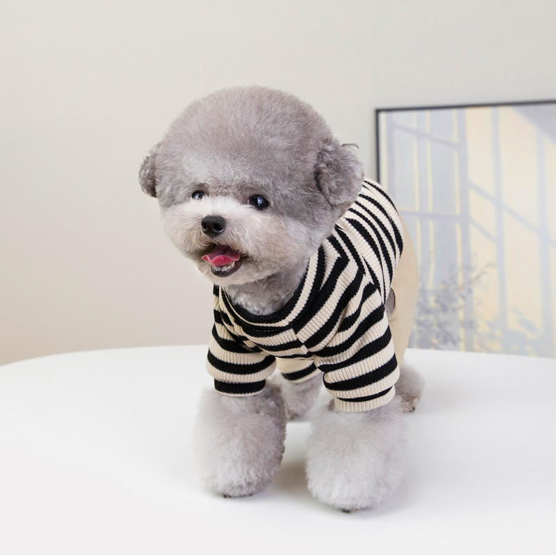 秋冬新款休闲条纹可牵引薄款拼接四脚卫衣中小型犬猫咪狗狗衣服|undefined