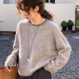 秋冬撞色边圆领羊毛针织衫上衣女宽松休闲简约高级感套头羊绒毛衣