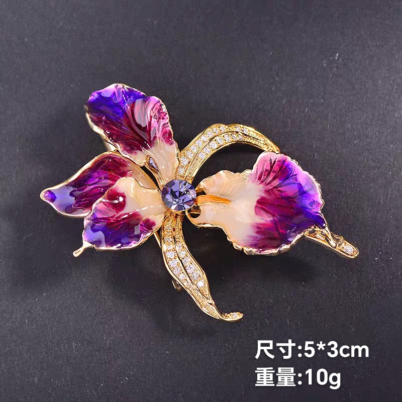 New Cross-Border French Retro Enamel Purple Orchid Brooch Jewelry Plant Corsage Iris Light Luxury High-End