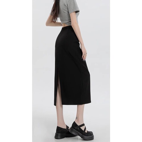Black suit skirt for women's new summer thin straight high-waist split hip skirt mid-length skirt