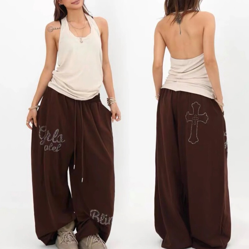 American Retro Jazz Style Casual Versatile Wide-Leg Pants Hip-Hop Rhinestone Embellished Loose Sports Pants