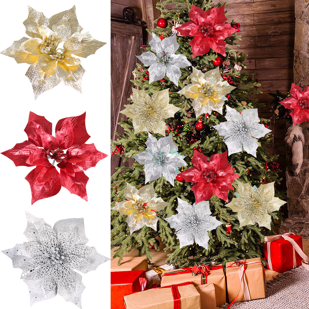 Natale nuovo oro rosa fiore di Natale albero di Natale decorazione accessori Natale festa layout cavo fiore artificiale di Natale_voghion.com