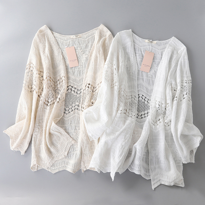2025 Spring and Summer Pure Cotton Embroidered Lace Cardigan Long-Sleeved Sun Protection Clothing Loose Outer Shawl Travel Vacation Jacket for Women