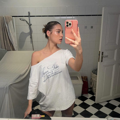 外国貿易2025夏の新作レディースアメリカンストリートファッションレタープリント斜め肩半袖ルーズTシャツトップ