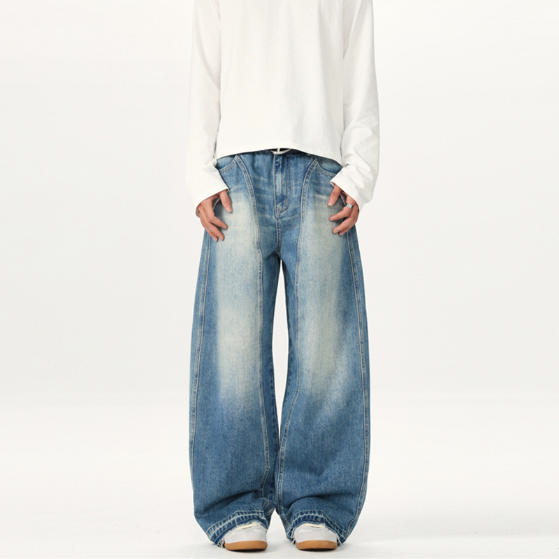 American-style Retro Wide-leg Loose Machete Pants Men and Women's High-end Sense Niche Jeans Ice Blue Puppies Handsome Street Long Pants