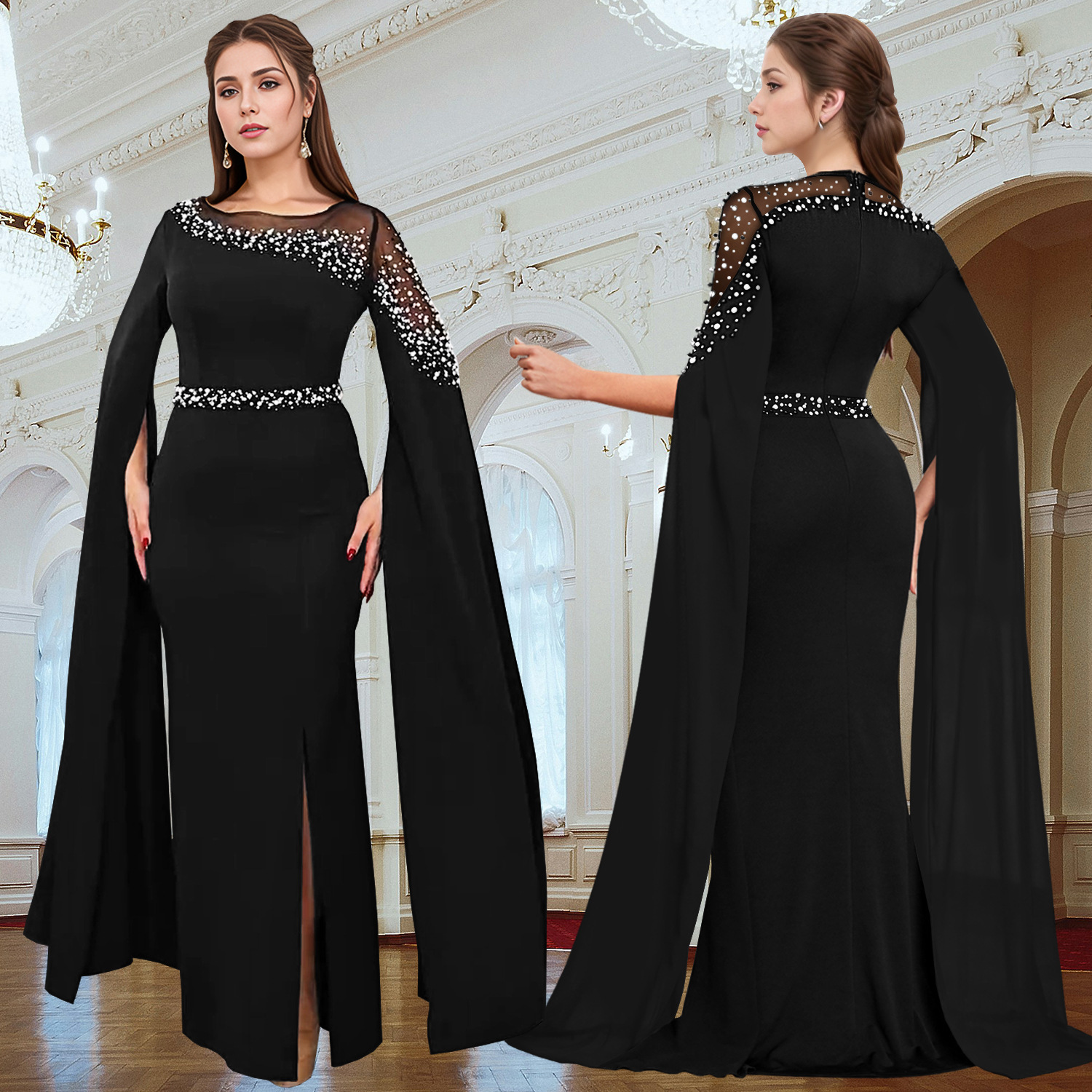 Vestido de noche con mangas tipo capa y pedrería, estilo europeo y americano, de AliExpress y Amazon, para envíos internacionales, modelo C7303.