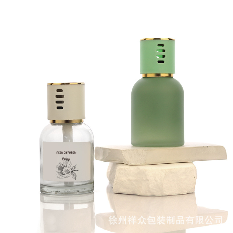Botella de fragancia de vidrio cilíndrico verde, botella de fragancia vacía sin fuego, botella de fragancia