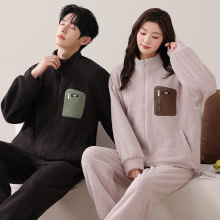 情侣半边绒睡衣女秋冬季加厚加绒保暖珊瑚绒可外穿家居服男士套装