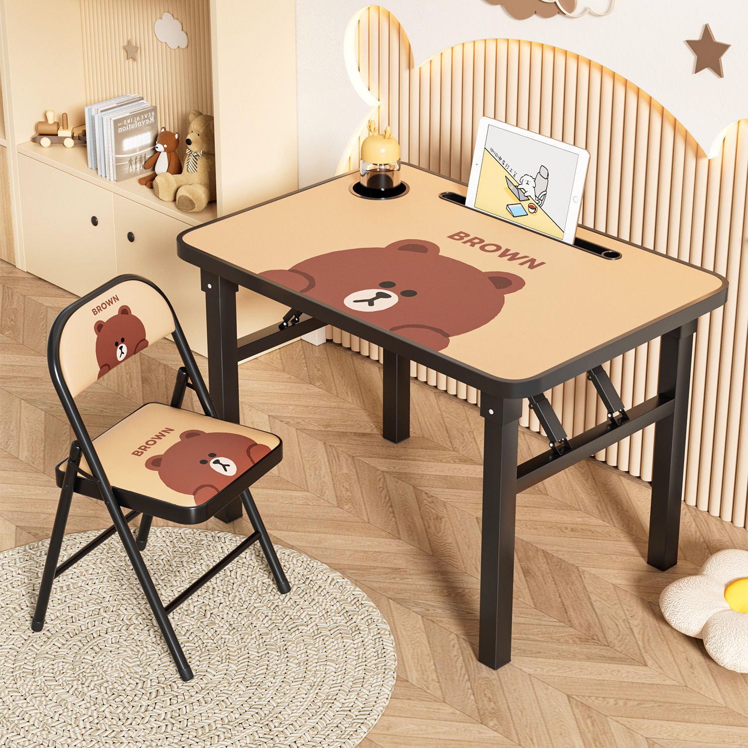 Brown Bear Children's Desk Simple Home Writing Desk Children's Homework Desk and Chair Set Folding Simple Study Table