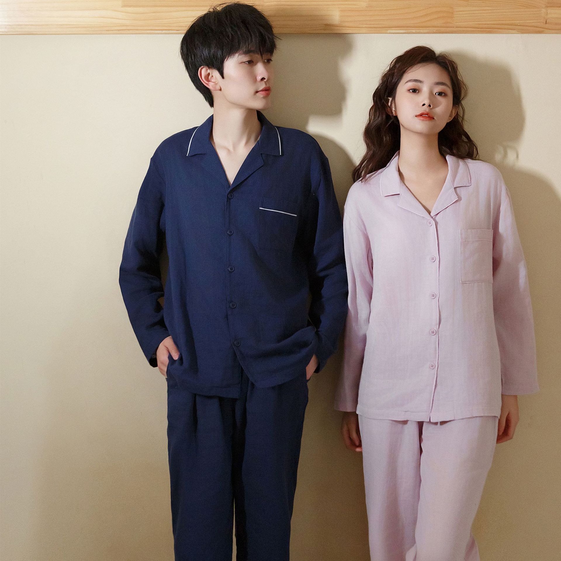 커플 잠옷 더블 레이어 거즈 코튼 가을과 겨울 옷깃 카디건 긴팔 일본식 심플 남녀 홈 세트 투피스 세트