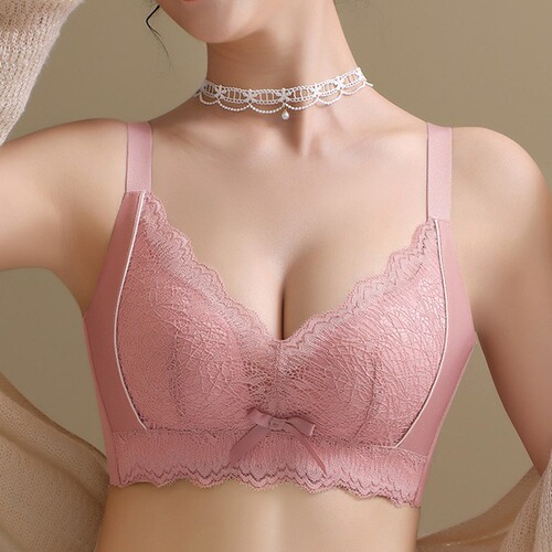 Bikini small cup shaping wire-free adjustable full-size bra with lace bow and underwire, set in a deep red color