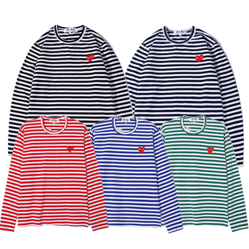 Cross-Border Trendy Brand Autumn and Winter New Cdg Kawakubo Striped Embroidered Small Red Heart Unisex Long-Sleeve T-Shirt in Stock Direct Wholesale