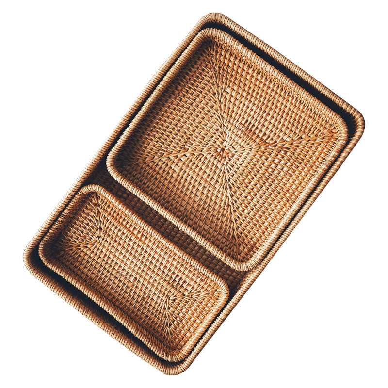 Bandeja casera de ratán, mesa de comedor, taza de té, taza de agua, bandeja de té de almacenamiento, sala de estar grande, bandeja de pastelería rectangular, plato de frutas para bocadillos