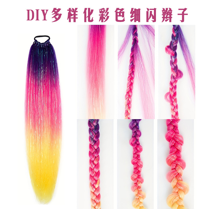 Comercio exterior transfronterizo láser de fibra química colorida cola de caballo 24 pulgadas trenzada de nueve hebras extensión de cabello cola de caballo simple y rápida