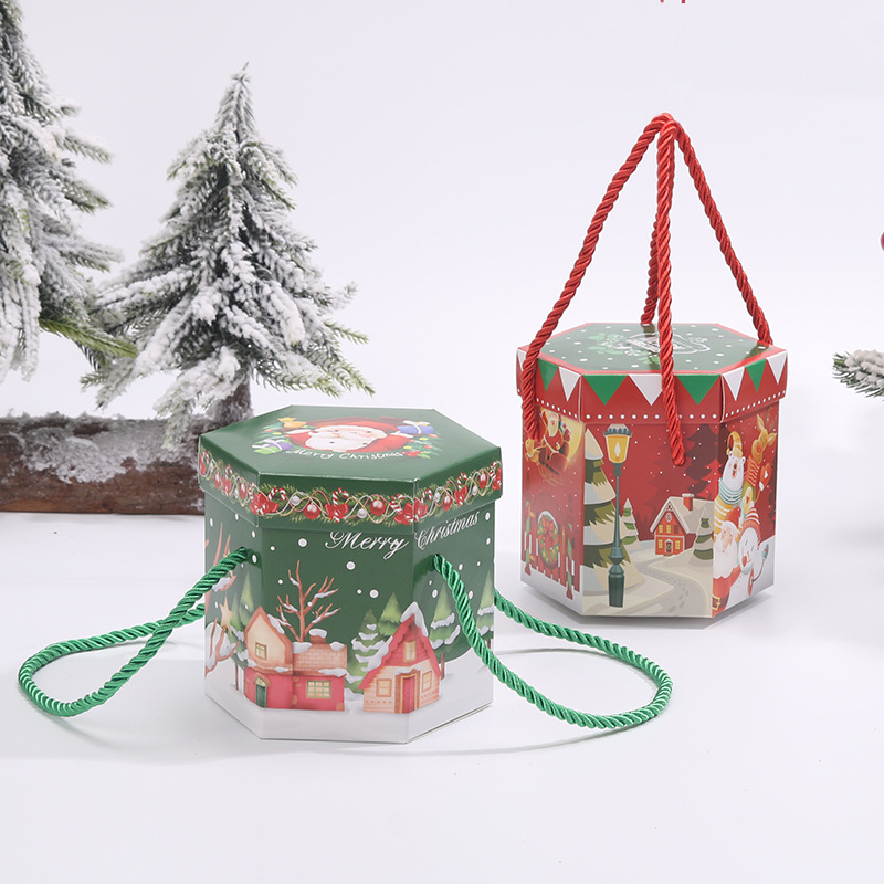 六边形提绳圣诞苹果盒平安夜糖果包装盒儿童礼物手提平安果盒子