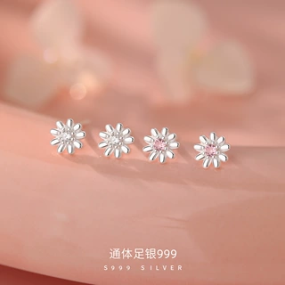 足银S999花朵锆石耳钉小清新田园风精致养耳洞百搭气质耳饰代发
