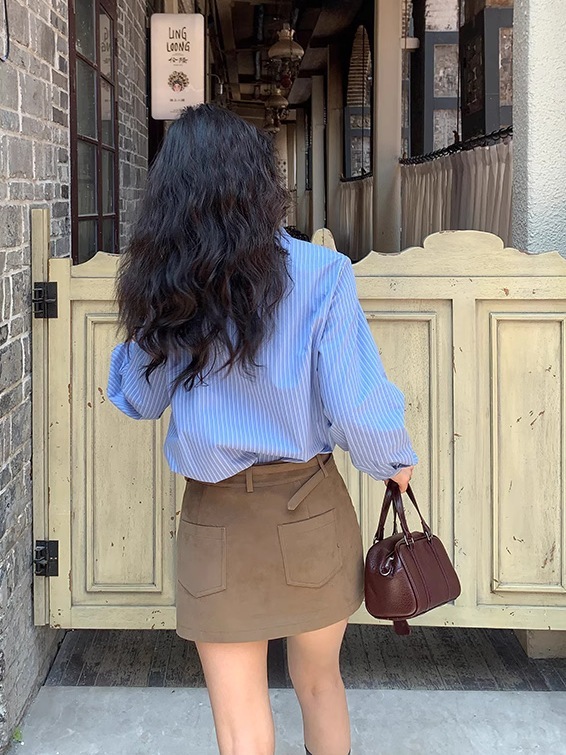 转角街头 蓝色蝴蝶结绑带条纹衬衫女长袖衬衣气质上衣|undefined