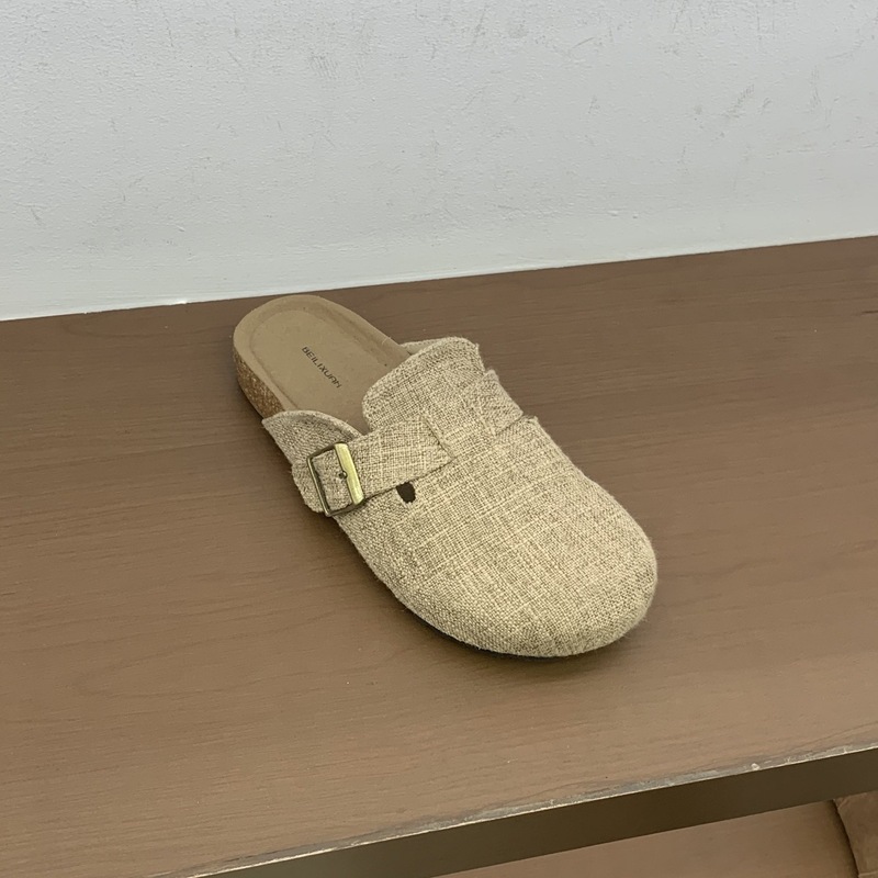 复古晚晚风亚麻包头半拖鞋女外穿一脚蹬休闲厚底网红爆款勃肯鞋子|undefined