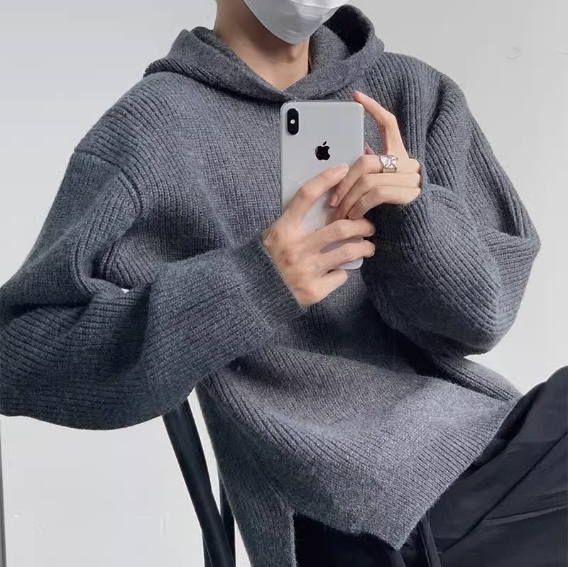 Retro solid color demi-season trend sweater with hood for men and…