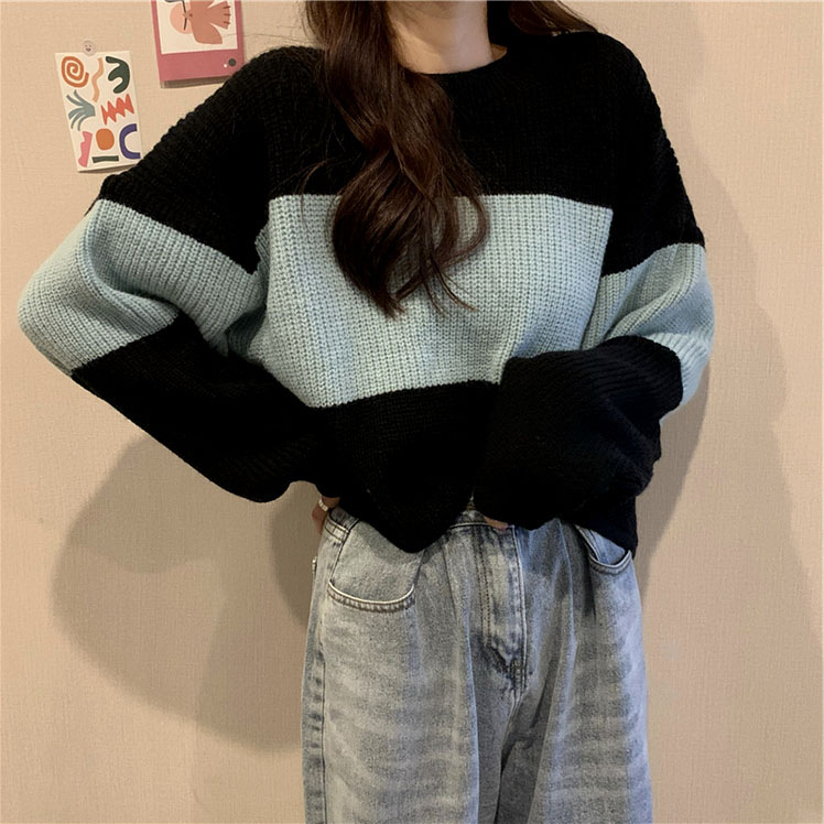 Suéter con estampado de cangrejo de cinco colores para mujer, nuevo estilo de primavera y otoño, jersey holgado, estilo retro informal, top corto a rayas para mujer.