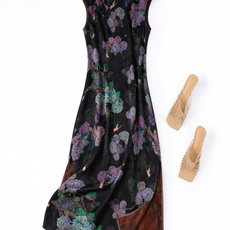 Black Hydrangeas! Summer Qipao! Long Silk Jacquard Satin Floral Xiangyun Silk Dress with Stand Collar and Slim Fit