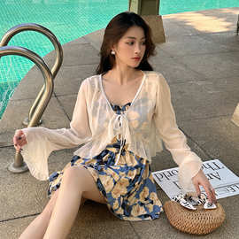 连体裙式大码泳衣女胖mm200泡温泉遮肚显瘦长袖防晒罩衫微胖泳装