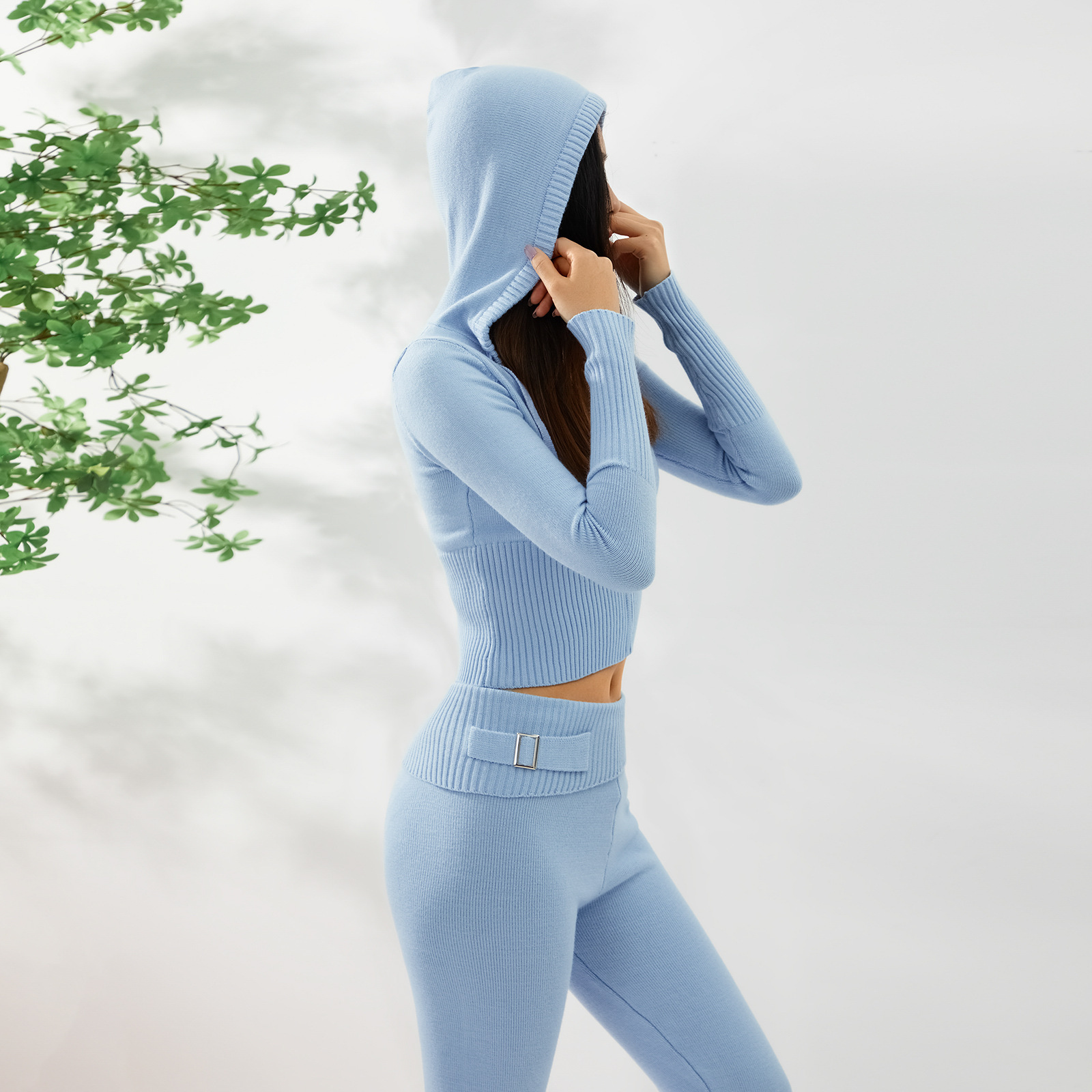 Ensemble deux pièces en tricot à capuche pour femme, pantalon sexy à manches longues et taille haute, à la mode_voghion.com