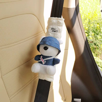 Seat belt shoulder pad pad soft and cute dog - kiss-blue-denim-puppy-single