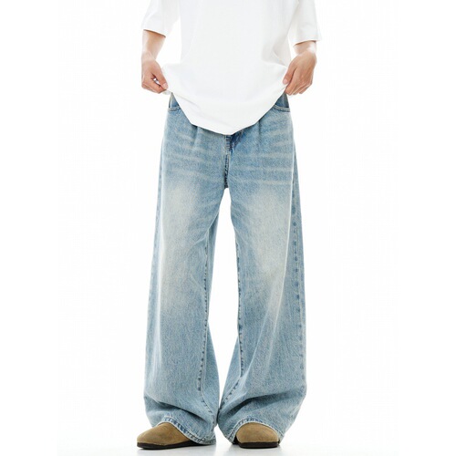 Spring and autumn new style light blue jeans, retro washed, ready-made straight leg, loose, wide-leg American high street men's trousers