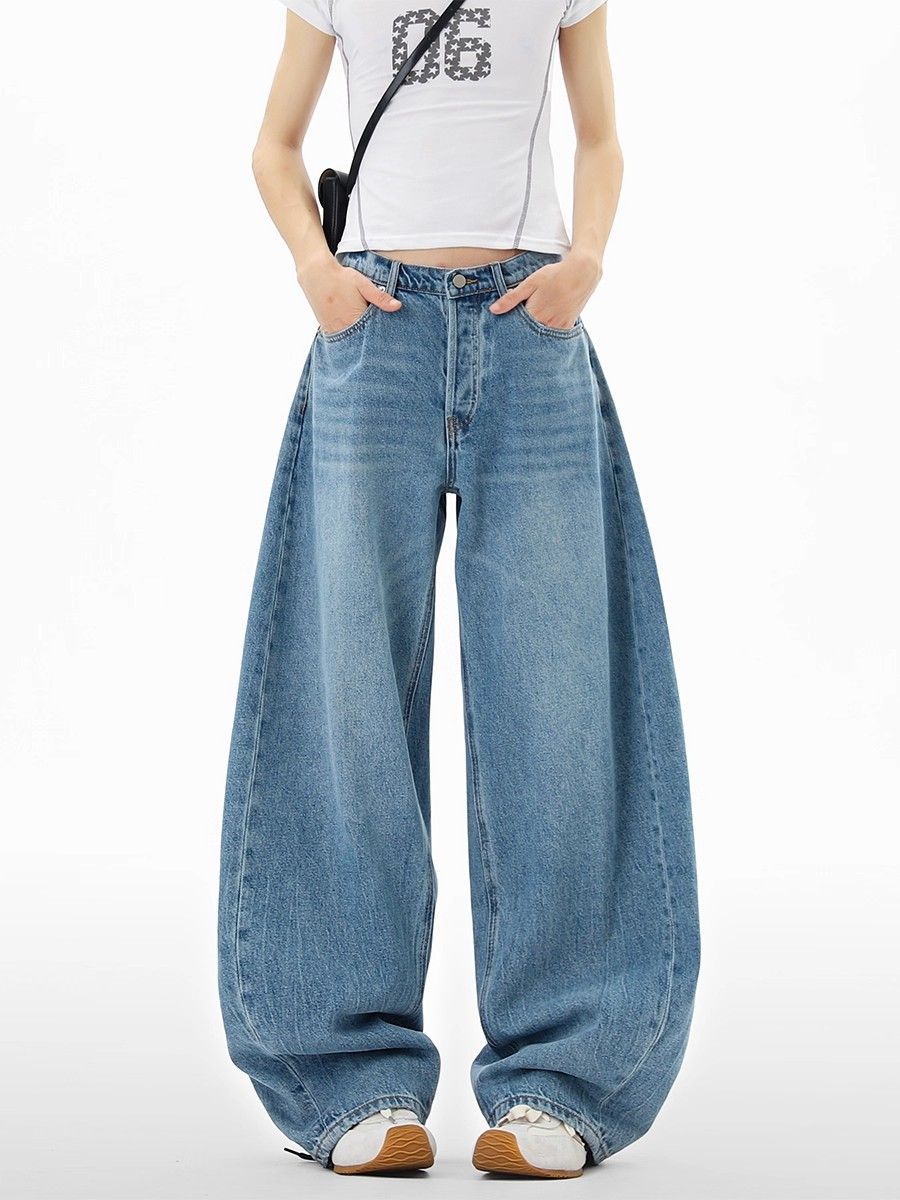 Women's American Style Washed Rhinestone Silhouette Curved Cut Jeans Loose Wide Leg Trousers Casual Cotton Polyester Denim_ecoleips.com