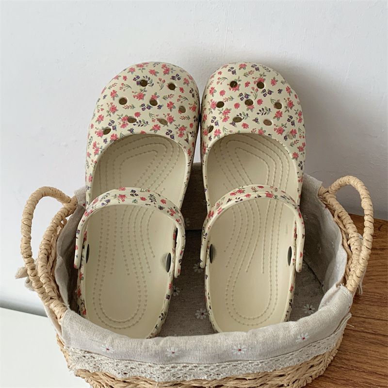 Floral Ballet Clogs for Women, Eva Summer Slip-On Two-Way Wear Mary Jane Beach Non-Slip Closed-Toe Slippers for Women